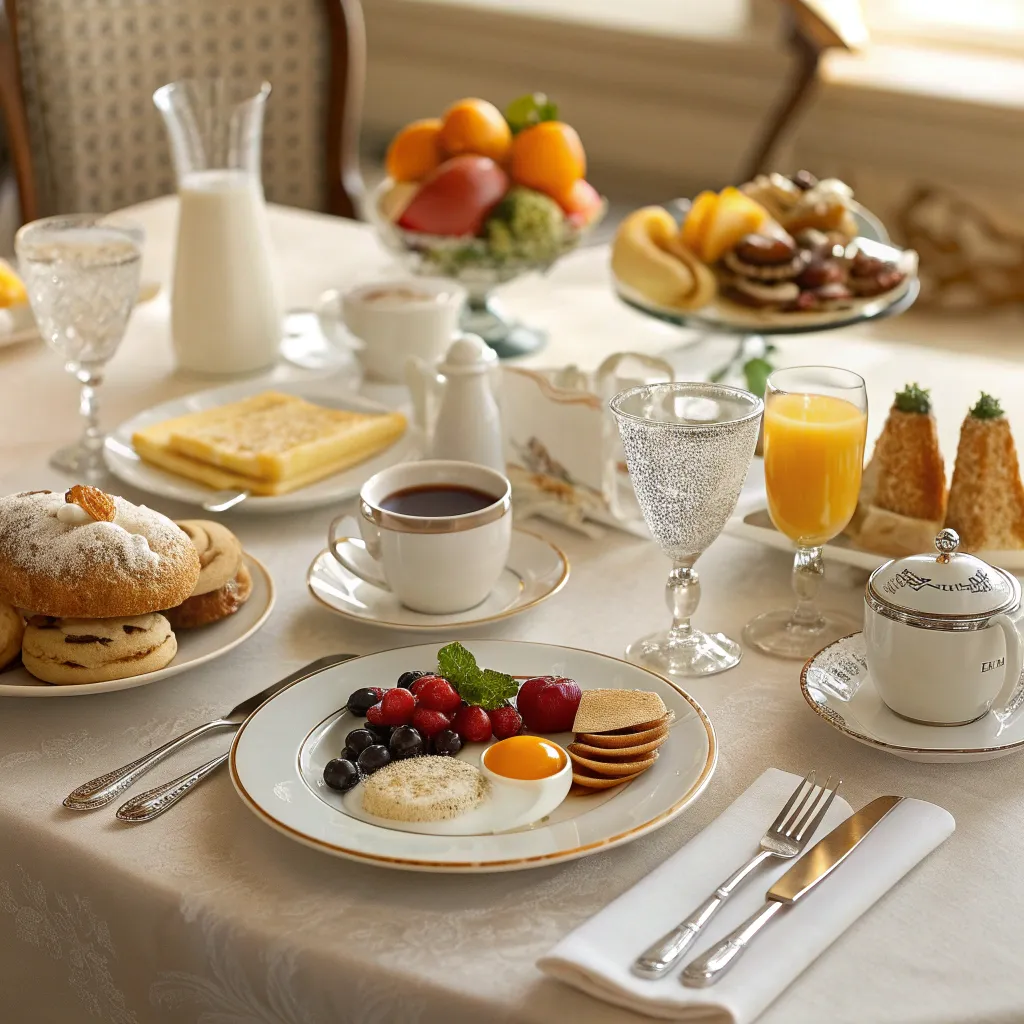 Elegant breakfast table with assorted dishes