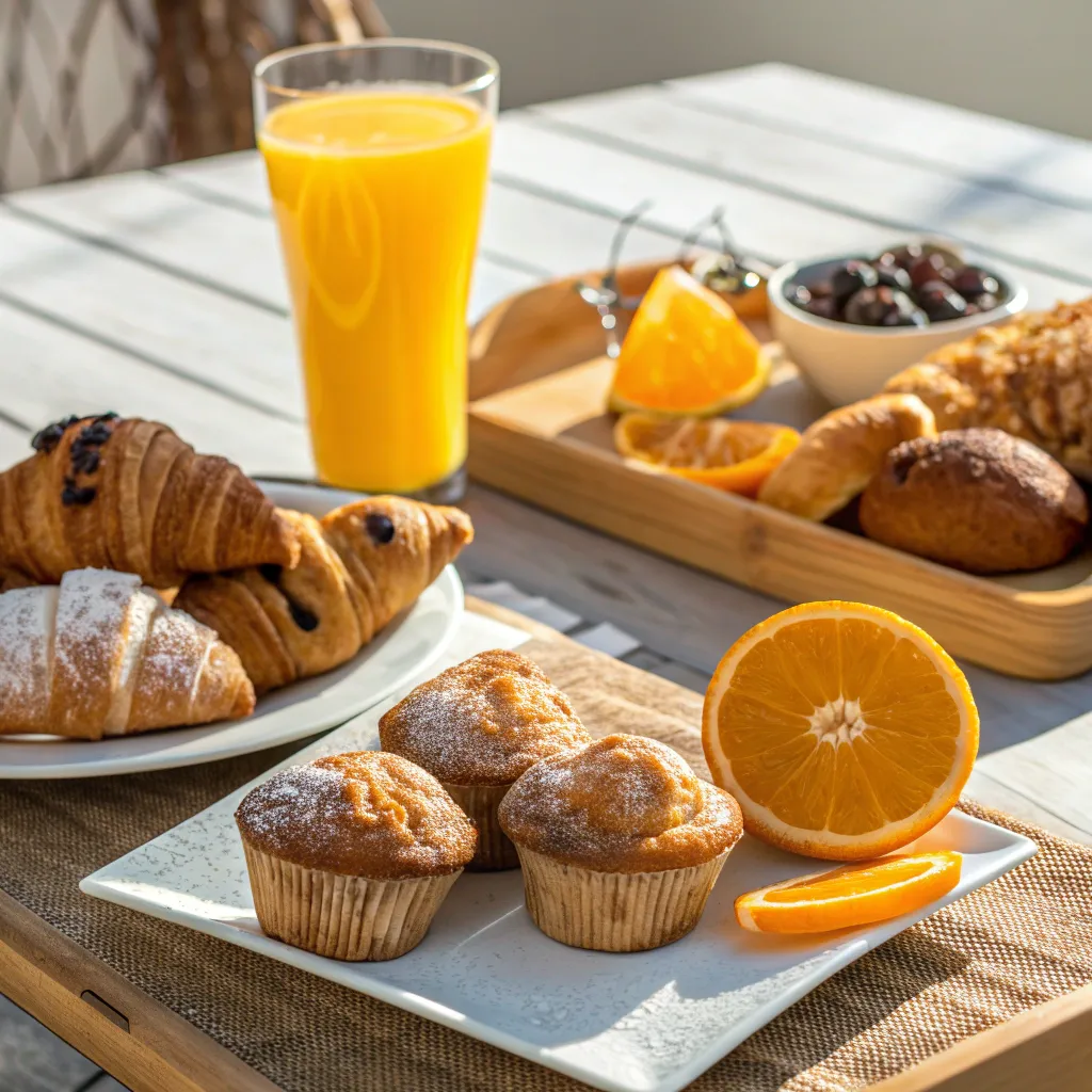 Sunny breakfast with fresh orange juice and pastries