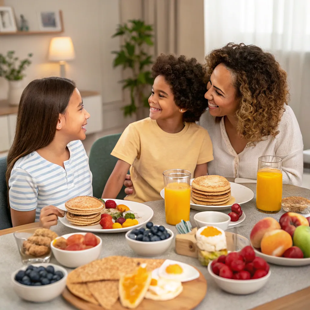Family enjoying a diverse breakfast spread together