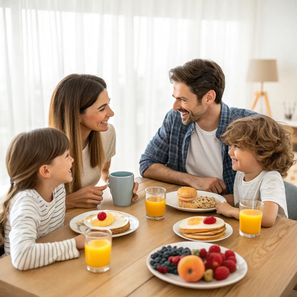 A family enjoying breakfast together around a table